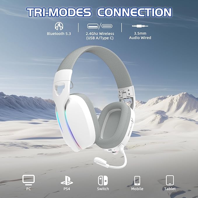 Attack Shark L90 Ultralight RGB Wireless Gaming Headset with Plug-in Microphone,Bluetooth 5.3 & 2.4G Wireless & Wired Headphone, 7.1 Surround Sound for Xbox One Series, PS4,PS5 & PC (White)