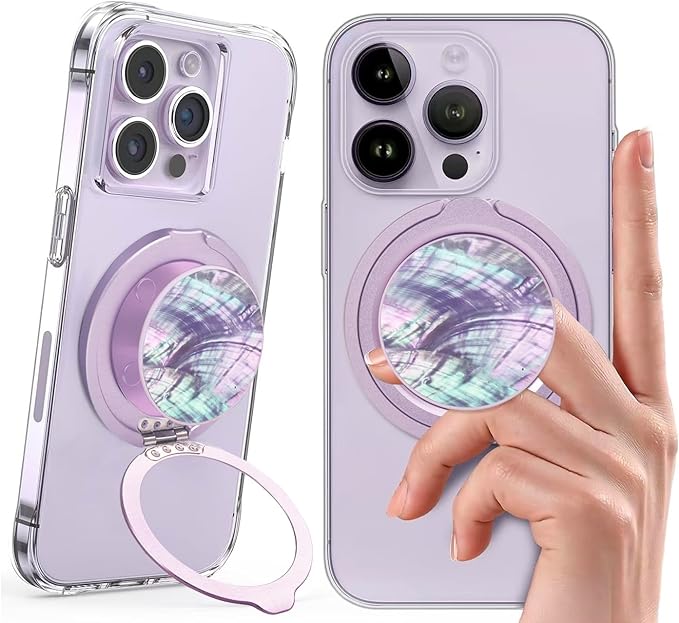 Cell Phone Ring Holder, Phone Grip, Magnetic Phone Ring Stand，Ultra Thin Phone Kickstand with Finger Loop Strap, Phone Ring Holder for Mag-Safe iPhone 16/15/14/13/12 Series (Purple Shell)