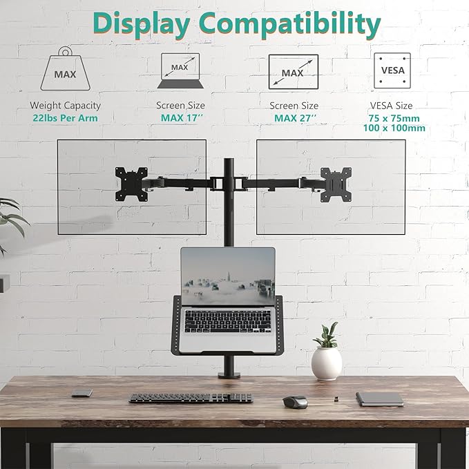 WALI Dual Monitor Stand, Laptop and Monitor Stand for 2 Screen 1 Laptop Notebook, Extra Tall Desk Mount for Monitor up to 27 inch, Notebook up to 17 inch (M002XLLP), Black