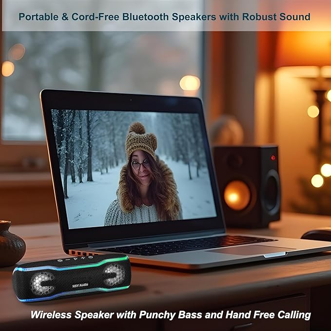 Bluetooth Shower Speaker, IPX7 Waterproof Portable Wireless Speaker, 24H Playtime, LED Lights, TWS Pairing, for Outdoor Party, Beach, Travel, Pool, Gifts, Black