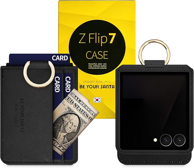 [BeYourSanta] Galaxy Z Flip 7 Case with Ring - Avant-Garde Handmade Saffiano Vegan Leather Case, Anti-Scratch Hinge Protection, Made in Korea (3 Pockets, Black)