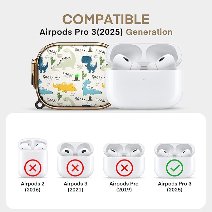 Maxjoy for AirPods Pro 3rd Generation Case with Lock, Cute AirPods Pro 3 Case Lock Protective Hard AirPod Pro 3 Cover for Women Men with Keychain for Airpod Pro 3rd Gen Cover 2025, Dinosaur