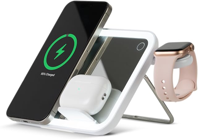 AT&T 3 in 1 Content Creator Light Mirror Magnetic Phone Charger Stand White