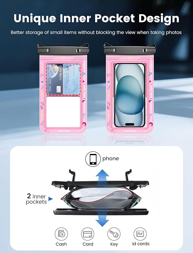 Paul Frank Waterproof Phone Pouch Floating, 2 Pack IPX8 Waterproof Phone Case with Lanyard for iPhone 17 16 15 14 Pro Max Galaxy S25 S24, Cellphone Dry Bag Beach Cruise Ship Essentials(up to 8.5")