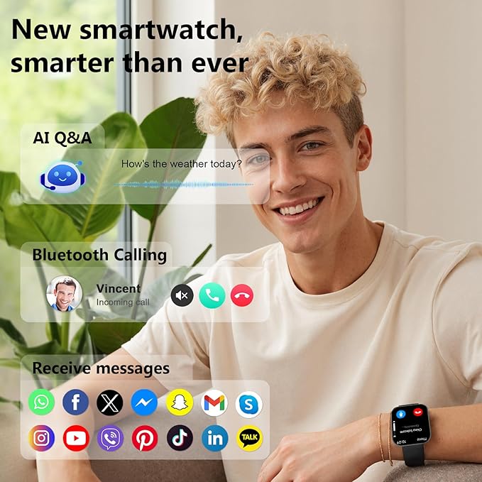 Smart Watch for Men Women, Bluetooth Calls, AI Dial,AI Q&A,1.85" HD AMOLED Curved Display Fitness Watch with Heart Rate/SpO2/Stress Monitor, Pedometer,110+ Sports Waterproof IP68 Smartwatch,Deep Black