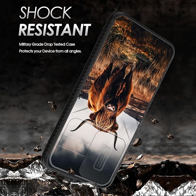 for Galaxy A17 5G Case Built in Slide Camera Lens Cover,Heavy Duty Shockproof Protection Dual Layer Case for Samsung Galaxy A17 5G 6.7" 2025,Brown Highland Cow