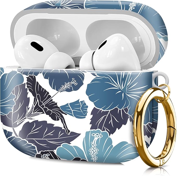 Compatible with Airpod pro 2nd/1st Generation Case Cover with Gold Round Keychain Cute Pattern Hard & Anti Slip Cover for Men Women & Girls（Lotus Leaf）
