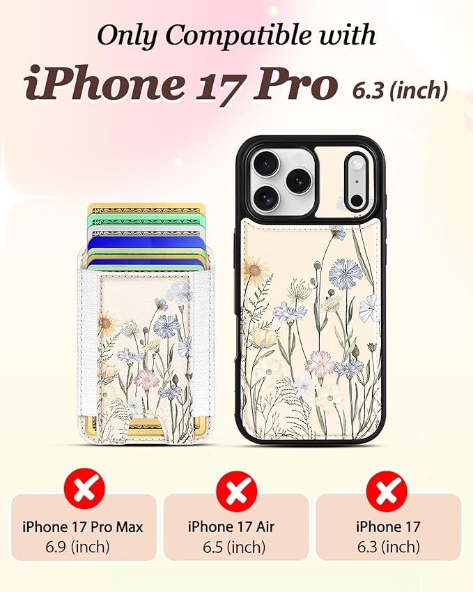 Shorogyt for iPhone 17 Pro Case Wallet - Fits 5 Cards, Compatible with Magsafe Detachable Magnetic Credit Card Holder Leather Cardholder Cute Phone Cover Women Girls for Apple 17Pro, Color Flower