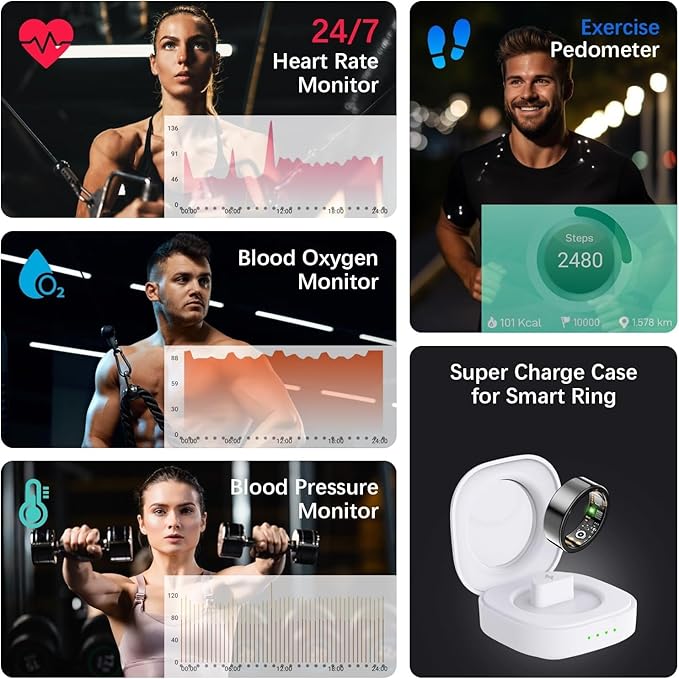 Health Tracker Ring, Smart Health Ring for Women Men with Heart Rate, Blood Oxygen, Sleep Monitor, Steps,Calories, No Subscription Fee, IP68 Waterproof Smart Ring for iphone & Android (Black, 10#)