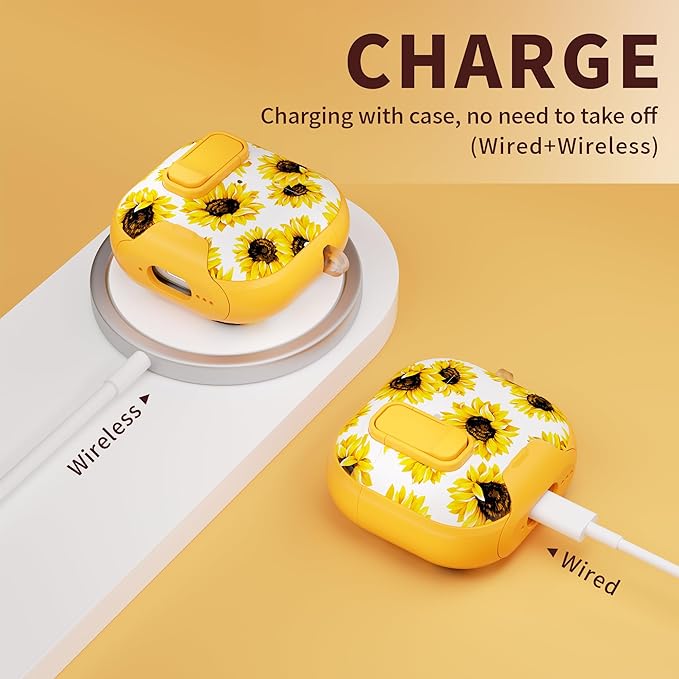 for AirPods 4 Case with Secure Lock Clip in Phone Stand,Floral Girly Style Protective Cover with Cleaning Kit and Hand Strap for Apple AirPod 4 Generation (Yellow Sunflower)