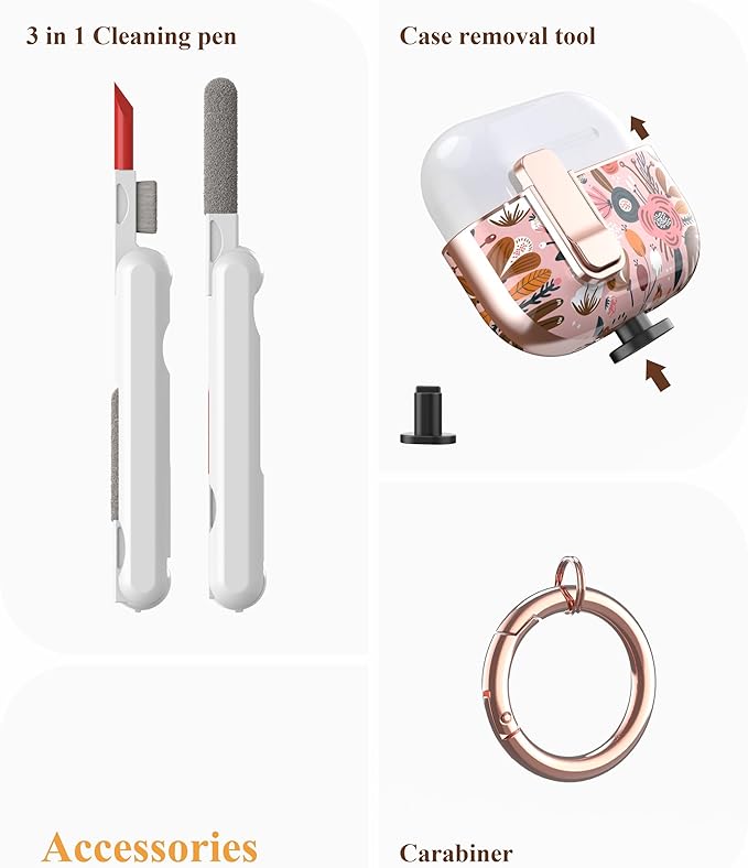 TATOFY for AirPods Pro 3rd (2025) Generation Case with Lock Carabiner Cleaner, Slim AirPod Pro 3 Hard Case Cover, Compatible with MagSafe (Pink)