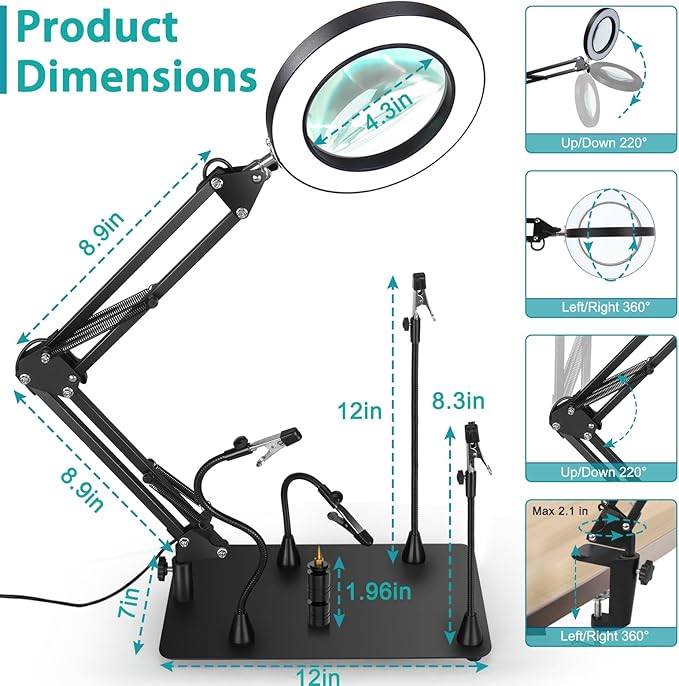 Helping Hands Soldering Station, 10X Magnifying Glass with Light and Stand with 4 Magnetic Third Hand & 4 PCB Circuit Board Holders, Hands Free Magnifier Desk Lamp for Soldering Repairing