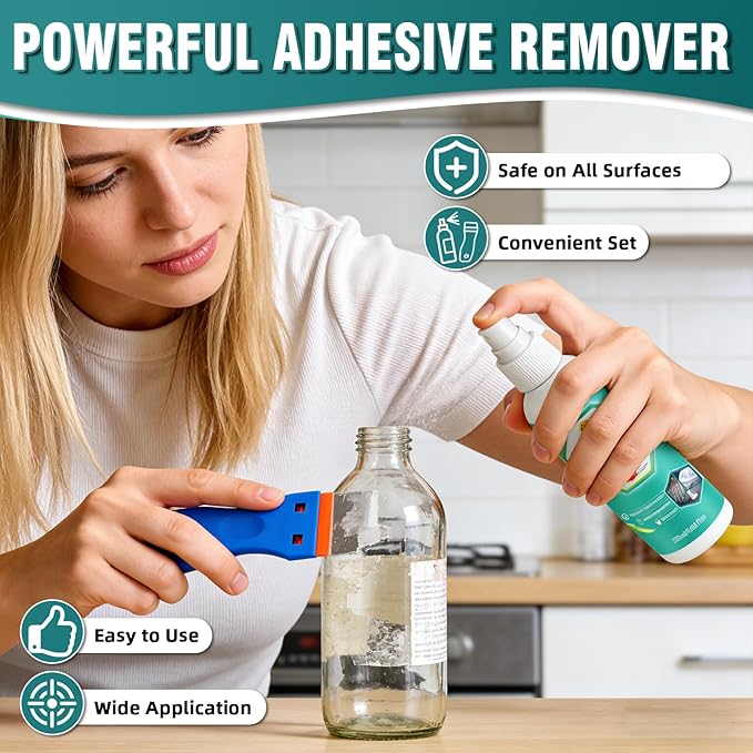 Adhesive Remover, 4.06 fl oz Super Glue Remover Spray with Scraper and Towel, Powerful Stickers Remover for Cars, Windows, Floors, Quickly Removes Any Stickers, Glue, Labels and Tape Residue