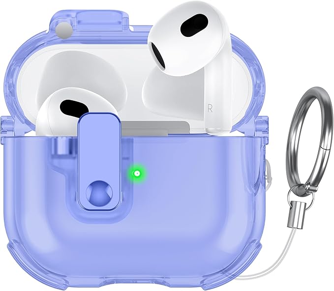 Clear Case for AirPods 3 Case Cover with [Lock Safety & Pop Up][Military Shockproof] Anti-Yellow Transparent Soft TPU Wireless Charging for AirPods 3 Generation Case with Keychain,Clear Blue
