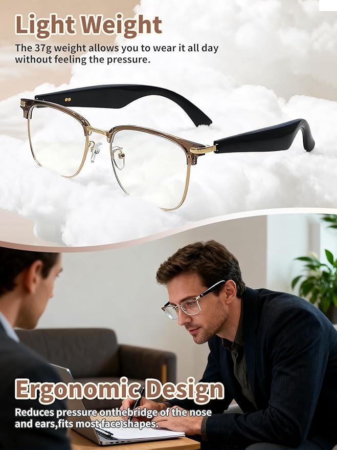 Bluetooth Glasses for Women & Men, AI Smart Glasses with Translation Open-Ear Speaker Blue Light Blocking Lenses Audio with Bluetooth Speakers for Driving, Travel, Work