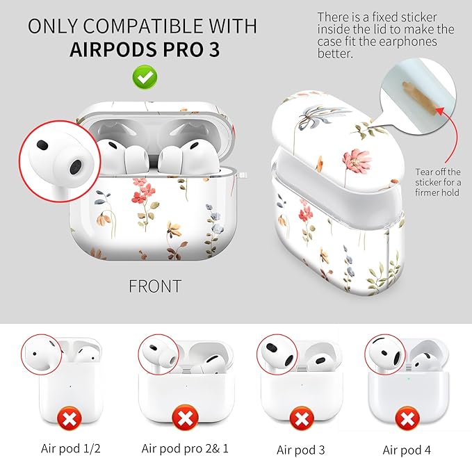 Cute Hard Case Compatible with AirPods Pro 3rd Generation Case (2025), Shockproof Protective Cover with Golden Keychain Ring Clip (Abstract Wildflowers and Plants)