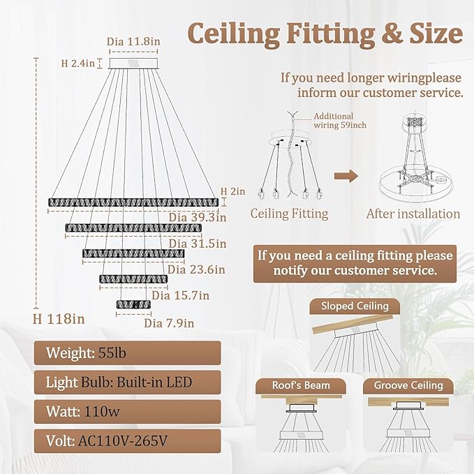 Flashing God H118 Modern Large Chandelier for Foyer 5 Rings Crystal Chandelier Stairway Chandeliers LED Dimmable Crystal Pendant Light for Living Room Entrance Hallway Sliver ﻿