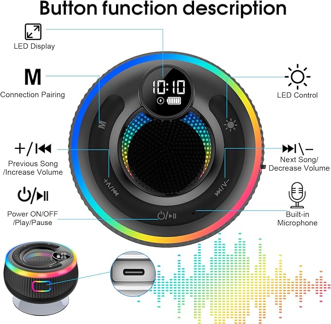 Portable Bluetooth Shower Speaker with Lights, Bluetooth 5.3, Small Wireless Speaker for Outdoor