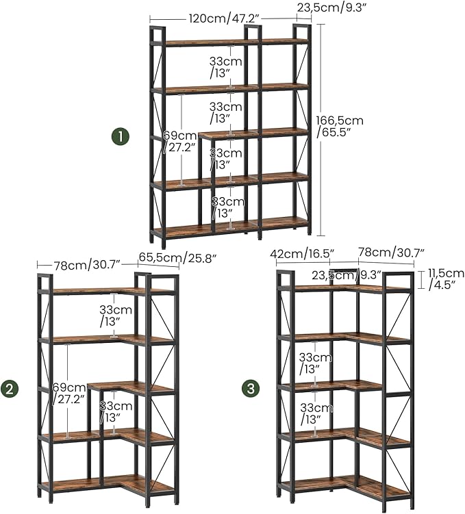 5-Tier Corner Bookshelf, 65.5'' Tall L-Shaped Bookcase, Corner Storage Stand with Metal Frame, Display Storage Rack, for Living Room, Home Office, Bedroom, Rustic Brown TSJ12BF
