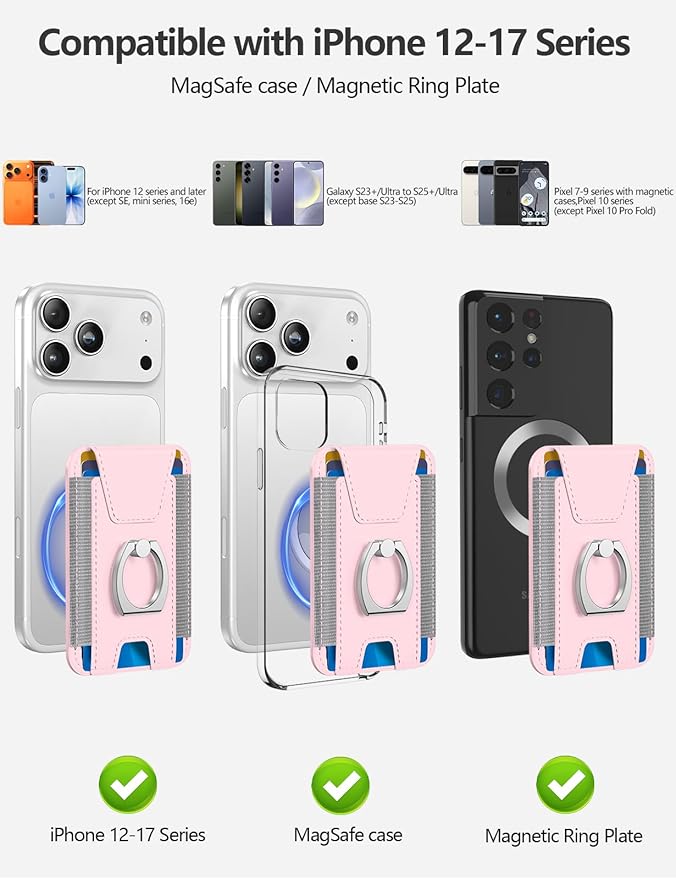 For Magsafe Wallet with Grip, 6-Card Holder, Stronger Magnetic Card Wallet Holder for iPhone 16/15, iPhone 14/13/12 Series, Leather Magnetic Phone Wallet with Privacy Flap, RFID Blocking, Pink
