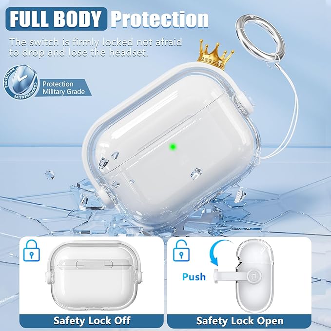 for Airpods Pro 3 Case Clear,Safety Lock Cases for Apple Airpod Pro 3 Case 2025 with Phone Stand & Cleaner Kit,Drop Protection Air pods Pro3 Cover for Men Women with Keychain,Clear+White