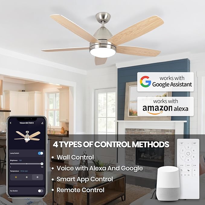 Smart Ceiling Fan with Light, Modern Nickel 52-Inch Outdoor Ceiling Fan and Remote/App, Dimmable Tri-Color LED and Reversible Motor for Indoor Bedroom/Outdoor Covered Patio