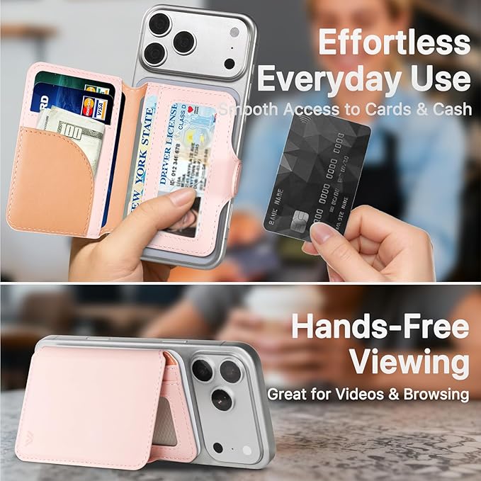for MagSafe Wallet, Magnetic Phone Wallet RFID Blocking, Slim 5-8 Card Holder with Cash Slot & Clear ID Window, Minimalist Mag Safe Wallets for iPhone 17/16/15/14/13/12 Series, Blush Pink