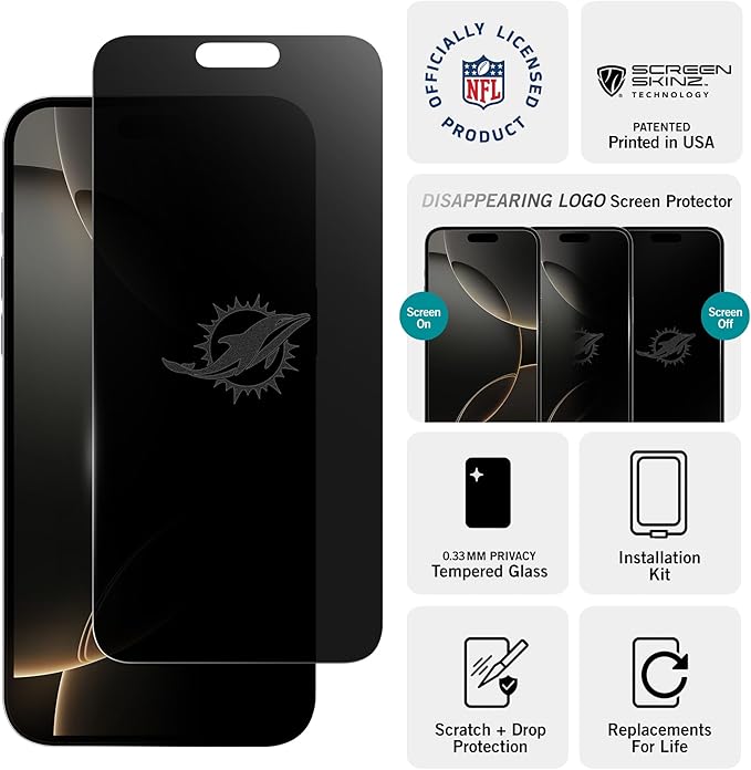 NFL Miami Dolphins Privacy Screen for iPhone 14 Pro Max - with Disappearing Logo - Scratch-Resistant and Easy-to-Install Screen Protectors (Includes Installation Tray)