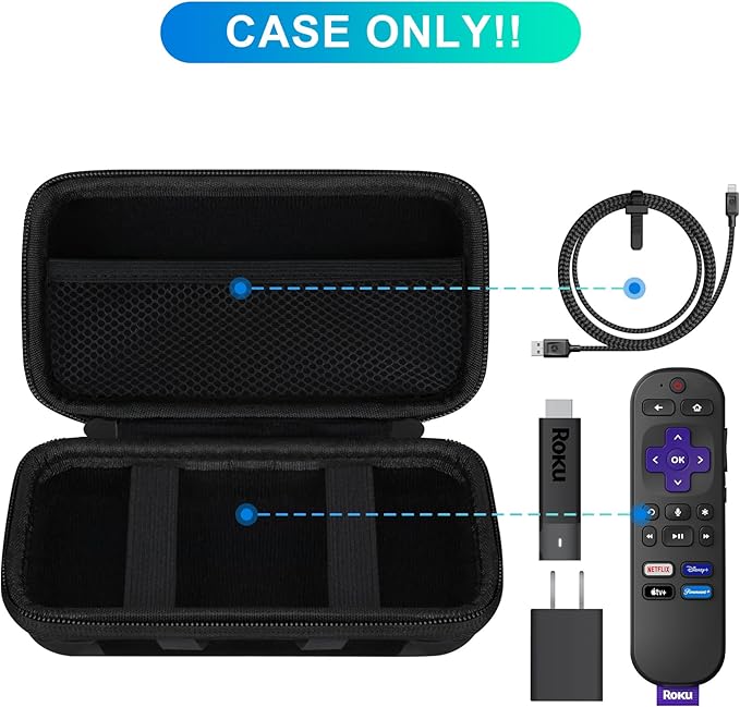 BOVKE Hard Case for Roku Voice Remote Controller, Streaming Stick+ / 4K, TV Remote Case for Steaming Stick 3820R/ 3821R/3941R, Extra Mesh Pocket for Adapters, Cables, Black Cube