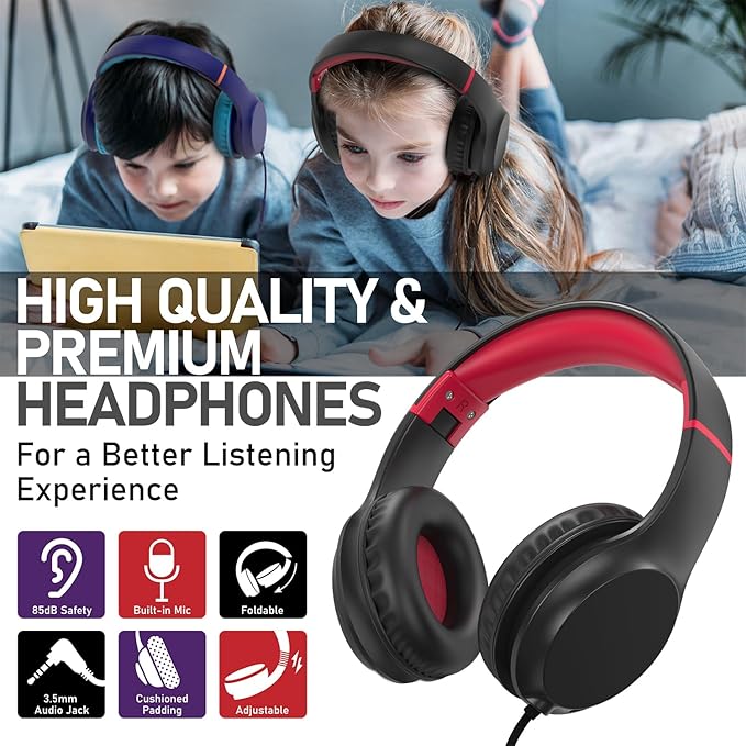 FosPower Kids Headphones with 3.5mm Laced Cables, Children & Teens Over The Ear Foldable Adjustable Headset w/Built-in Mic for Smartphones/PC/Tablet/Laptop/School (Max Volume 85dB) - Black/Red