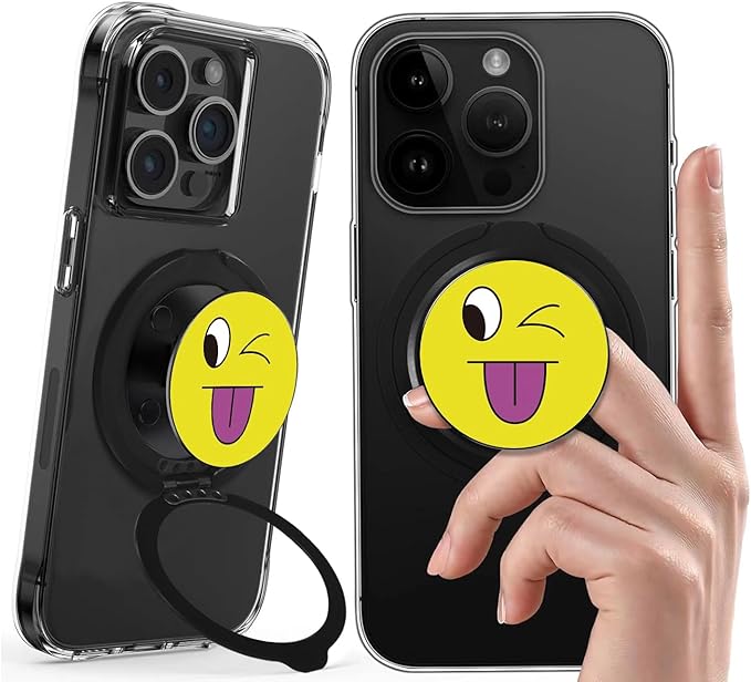 Cell Phone Ring Holder, Phone Grip, Magnetic Phone Ring Stand，Ultra Thin Phone Kickstand with Finger Loop Strap, Phone Ring Holder for Mag-Safe iPhone 16/15/14/13/12 Series (black-48# Smile face)
