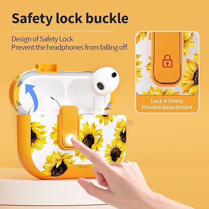 for AirPods Pro 3 Case(2025) with Secure Lock Clip and Phone Stand,Floral Girly Style Protective Cover with Cleaning Kit and Hand Strap for Apple AirPod Pro 3 Generation (Yellow Sunflower)