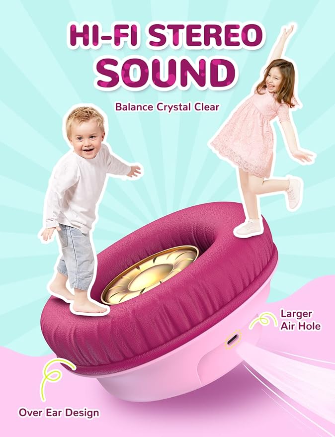 iClever Kids Bluetooth Headphones with LED Lights, BTH18 Safe Volume 74/85dBA, 43H Playtime, Bluetooth5.3 Kids Headphones Wireless Aux Cord for iPad/Tablet/Travel/School, Blossom Pink