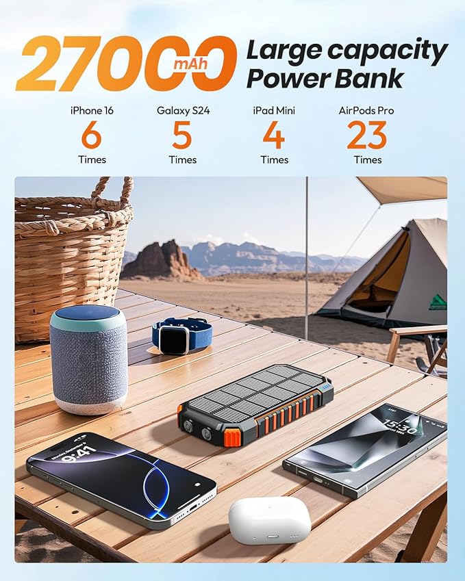 FEELLE Solar Charger for Outdoor: 27000mAh Power Bank with Built-in Cables - 15W Fast Charging Portable Charger with 2 Flashlights for iPhone Android -External Battery Pack for Camping Emergency