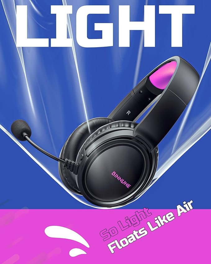 BINNUNE Wireless Gaming Headset — 2.4GHz Low-Latency USB Dongle + Bluetooth, 50mm Drivers 7.1 Surround, Noise-Cancelling Mic, 40H Battery — Over Ear Wireless Headphones for PS5, PC, Laptop, Purple