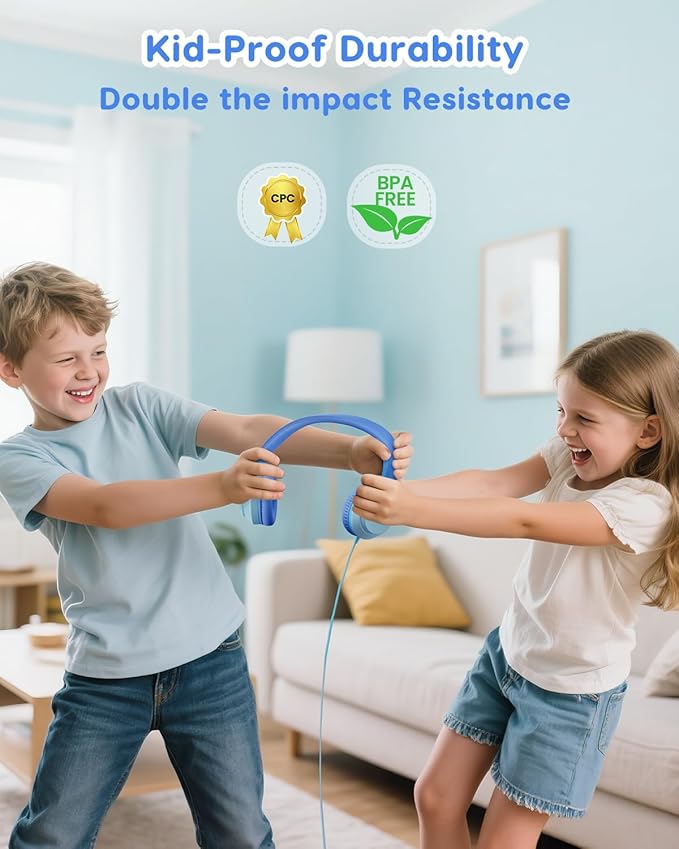 Kids Headphones, 74/85/94dB Volume Limiter, Foldable Wired Over Ear Headphones for Travel, 3.5mm Jack, Toddler Headphones for School, Chromebook, iPad, Tablet, Blue
