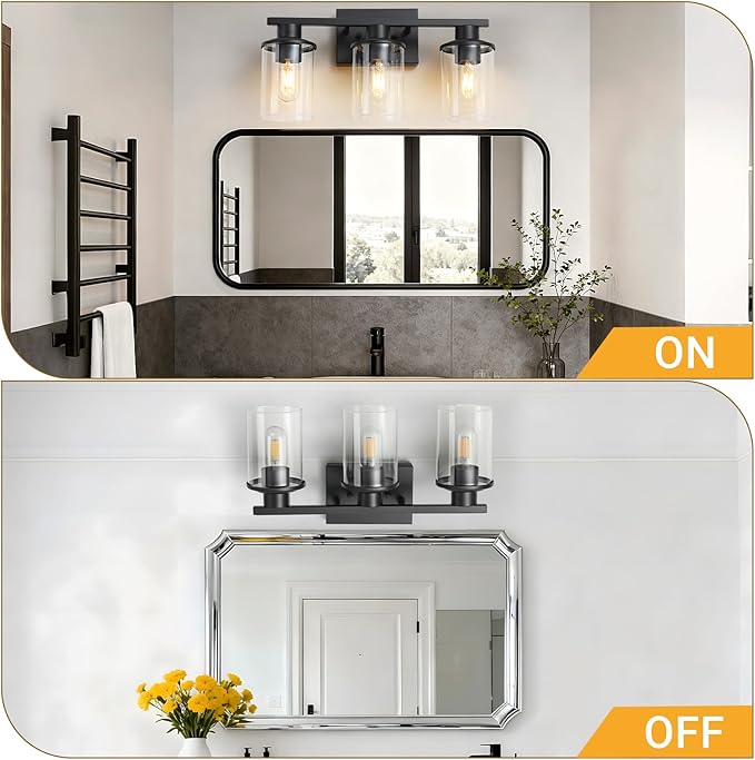 LOUSACE 3-Light Bathroom Light Fixtures, 17.3" Black Modern Vanity Lights with Clear Glass Shade, Bathroom Wall Lamp for Mirror Living Room Hallway Cabinet Porch, E26 Base