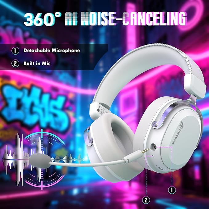 ATTACK SHARK L30Pro Wireless Gaming Headset with 2.4Ghz/BT/Wired, Long Battery Life with Detachable Microphone 7.1 Surround Sound Ultra-Low Latency for PC/PS5/Xbox/Switch/Mobile Silver