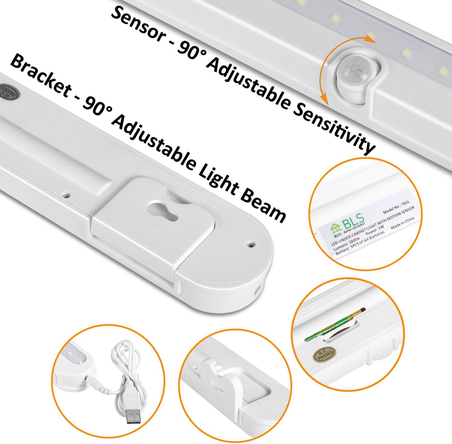 LED Under Cabinet Light – Motion Sensor, 20 LED, Battery or USB Powered, Auto On/Off