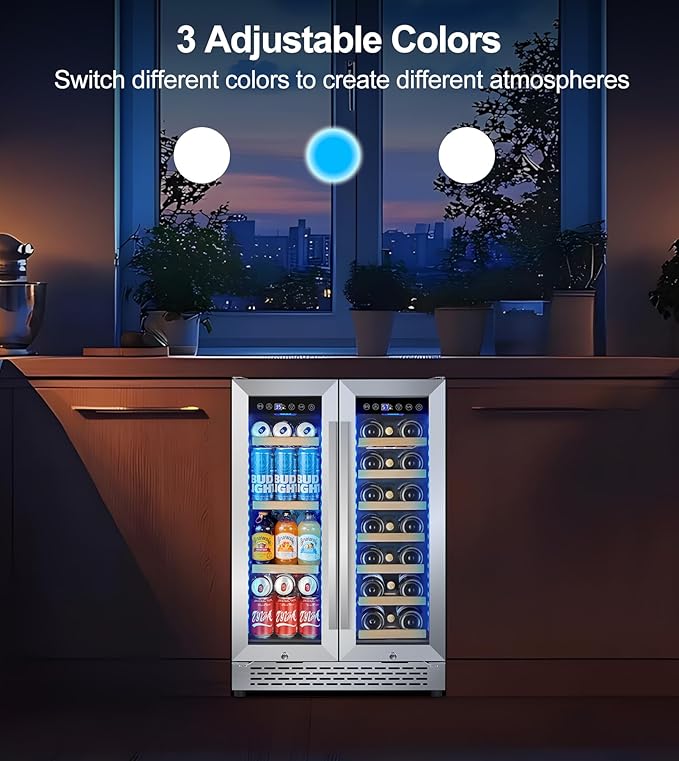 3 LED Wine and Beverage Refrigerator, 90 Can & 21 Bottle Dual Zone Stainless-Steel Wine Beverage Cooler, 24 Inch Built-In or Freestanding Wine and Drink Fridge Fast Cooling for Home/Kitchen