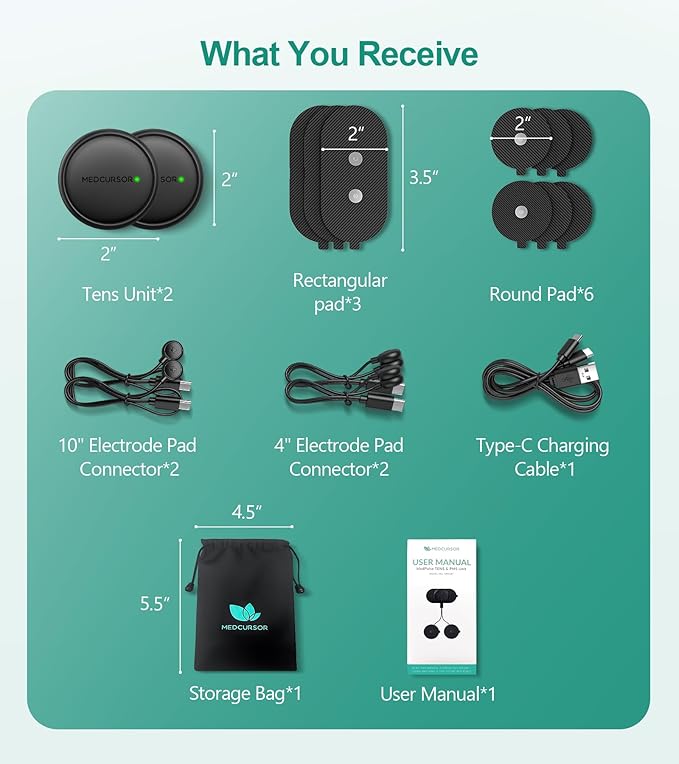 Medcursor Wireless 3-in-1 TENS Unit, Dual-Channel Muscle Stimulator with App Control & Session Memory, EMS Machine with 25 Intensities and 8 Target Areas, Storage Pouch, Designed for Back Pain Relief