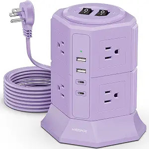 Flat Plug Power Strip Tower with 8 Outlets 4 USB Ports (2 Type C)