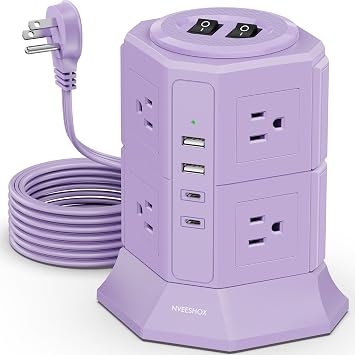 Flat Plug Power Strip Tower with 8 Outlets 4 USB Ports (2 Type C)