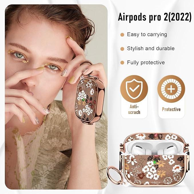 Maxjoy for Cute Airpods Pro 2 case with Safety Lock,Compatible Airpods Pro Case 2nd/1st Gen,Compatible White Flowers AirPods Case Cover for Women Girly with Keychain-Brown