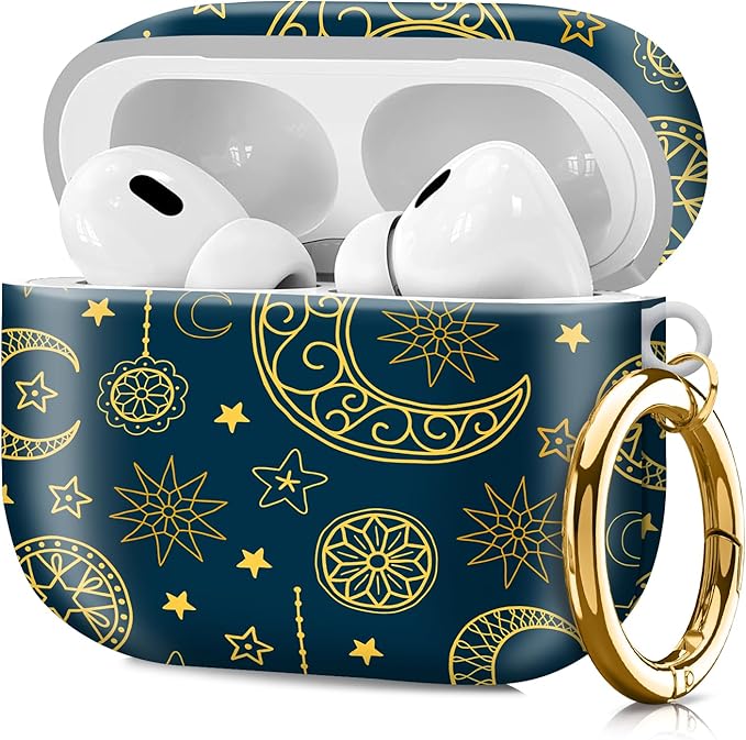 Compatible with Airpod pro 2nd/1st Generation Case Cover with Gold Round Keychain Cute Pattern Hard & Anti Slip Cover for Men Women & Girls（Abstract Moon）