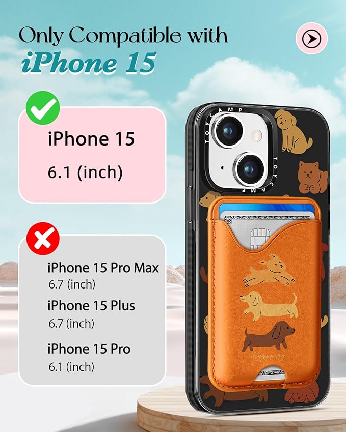 Toycamp for iPhone 15 Case - Compatible with Magsafe with Credit Card Holder Wallet Magnetic Cute Women Teen Girls Kawaii Girly Unique Small Dogs Design Pretty Phone Cover for Apple 15 6.1"