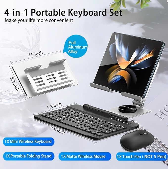 for Samsung Galaxy Z Fold 7 6 5 4 Trifold Stand and Keyboard Mouse, Portable Mini Bluetooth Keyboard, Foldable Adjustable Aluminum Alloy Stand Holder for Desk, with Wireless Mouse and Pen
