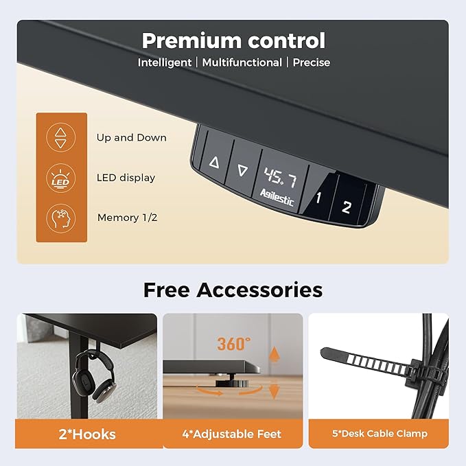 Height Adjustable Electric Standing Desk, 55 x 24 Inches Stand Up Desk, Ergonomic Raising Computer Table with Memory Preset Button, Two-Piece Desktop, Black