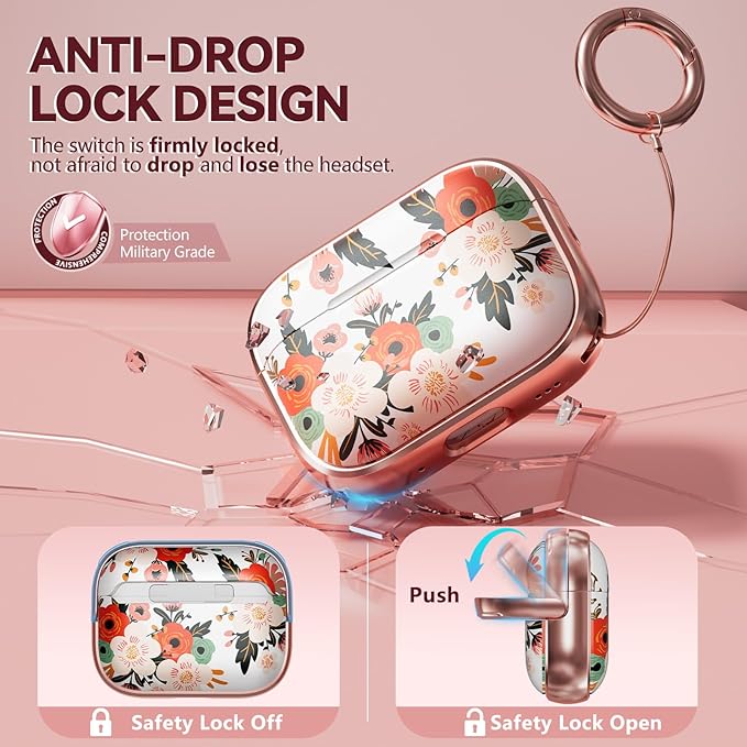 Inesore for AirPods Pro 2nd Generation Case Cover with Lock, Flowers Cute Air Pods Pro 2 Case Hard iPod Pro Cases for Women Girls with Cleaner Kit (2023 USB-C /2022/2019) -Black Gold Flower