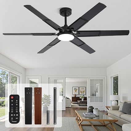 60 Inch Ceiling Fans with Lights and Remote, Living Room Office Library Cafe Indoor Outdoor Industrial, 5CCT Dimmable, Dual Color 6 Blades, 6 Speed Reversible Quiet DC Motor, Black/Wood Grain